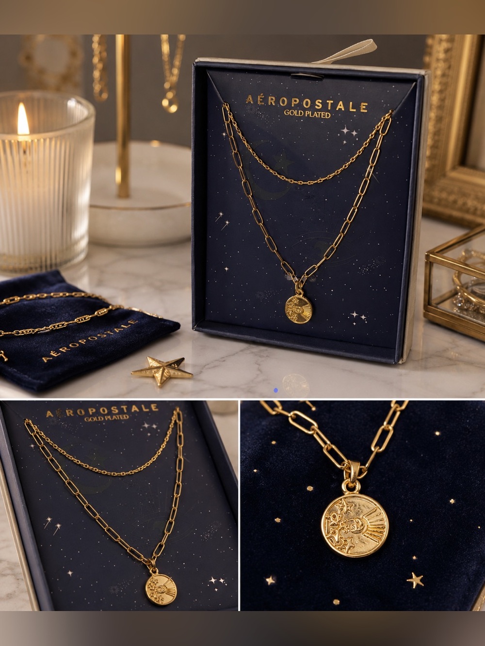Aeropostale Gold Plated Celestial Zodiac Double Chain Pendant Necklace NWT